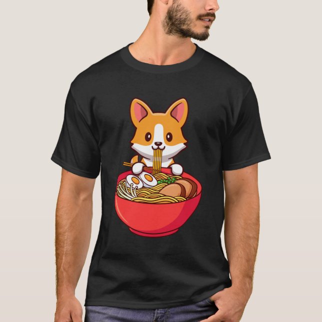 Corgi Dog Eating Ramen Cute Kawaii Noodles Anime J T-Shirt (Front)