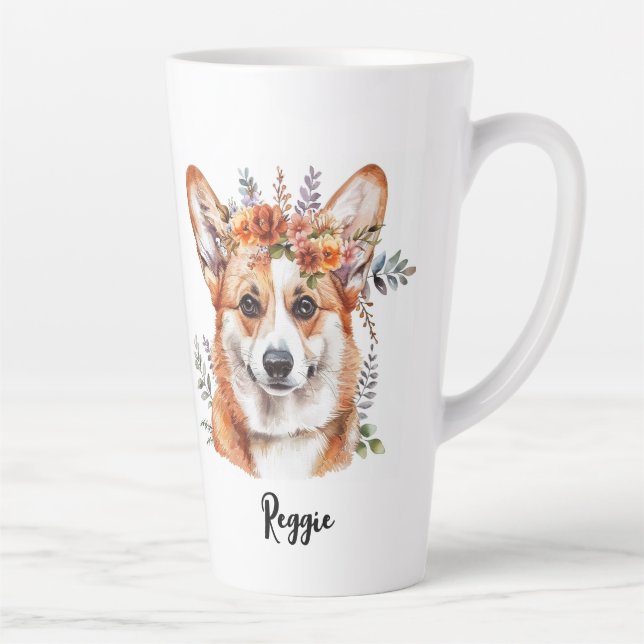 Corgi Dog Floral Sublimation Design Latte Mug (Right)