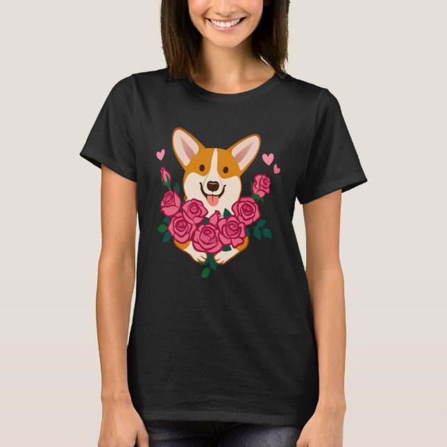 Corgi dog holding a bouquet of roses women Valenti T-Shirt (Front)