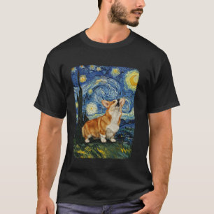 Corgi Dog Howling Moon Starry Night Van Gogh Funny T-Shirt