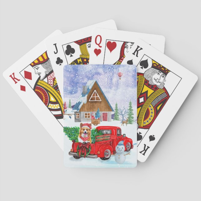 Corgi Dog In Christmas Delivery Truck Snow Playing Cards (Back)