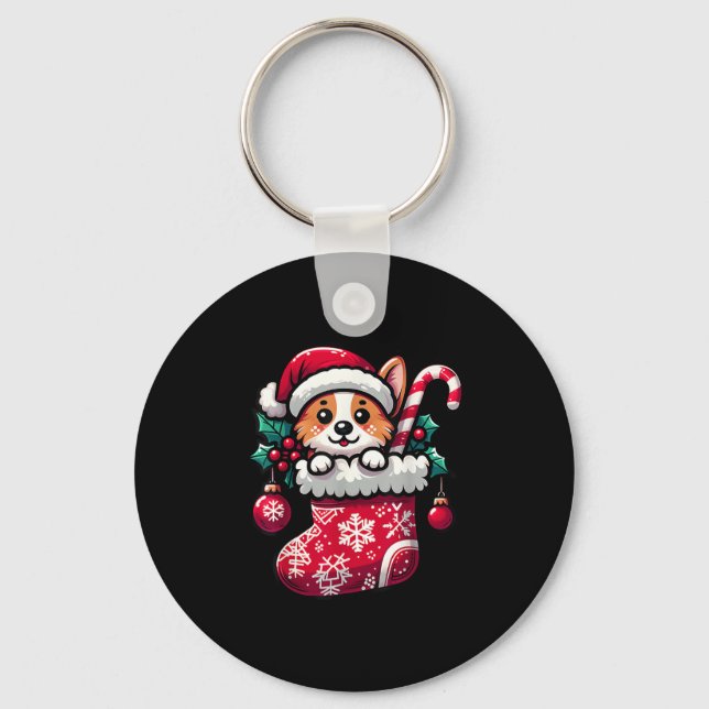 Corgi Dog In Christmas Stocking With Santa Hat Xma Key Ring (Front)