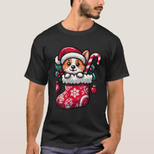 Corgi Dog in Christmas Stocking with Santa Hat Xma T-Shirt