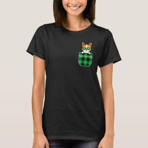 Corgi Dog In Green Plaid Pocket St Patricks Day T-Shirt