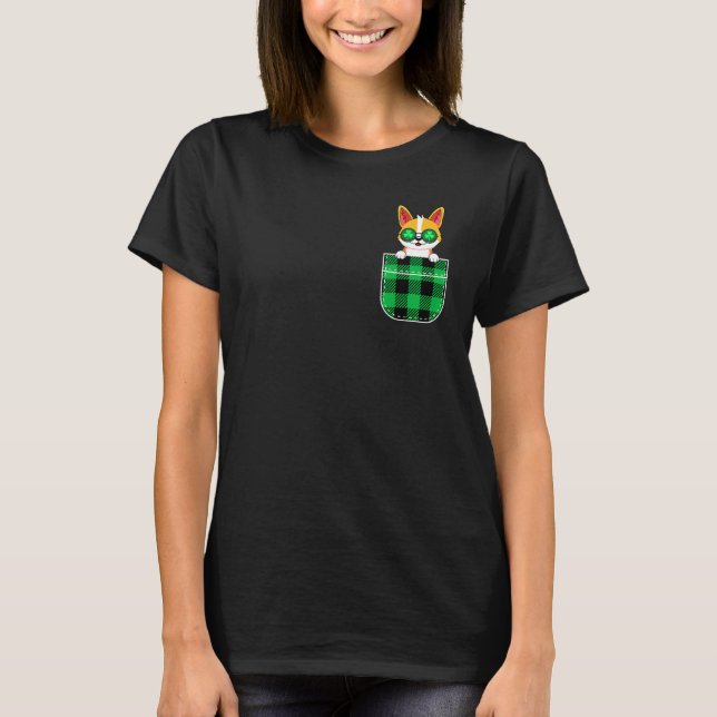 Corgi Dog In Green Plaid Pocket St Patricks Day T-Shirt (Front)