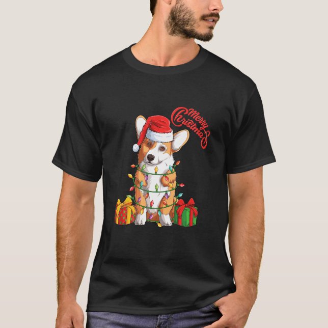 Corgi Dog In Santa Hat Sitting Christmas Tree Ligh T-Shirt (Front)