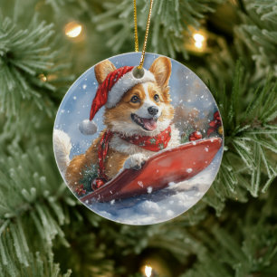 Corgi Dog in Sledge Let it Snow Christmas Ceramic Ornament