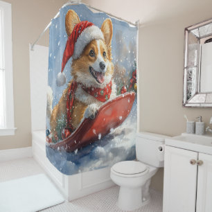 Corgi Dog in Sledge Let it Snow Christmas Shower Curtain