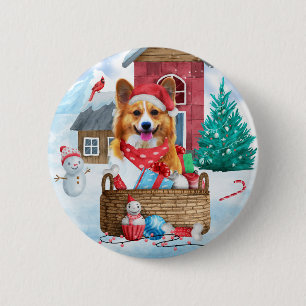 Corgi Dog In snow Christmas Dog House  6 Cm Round Badge
