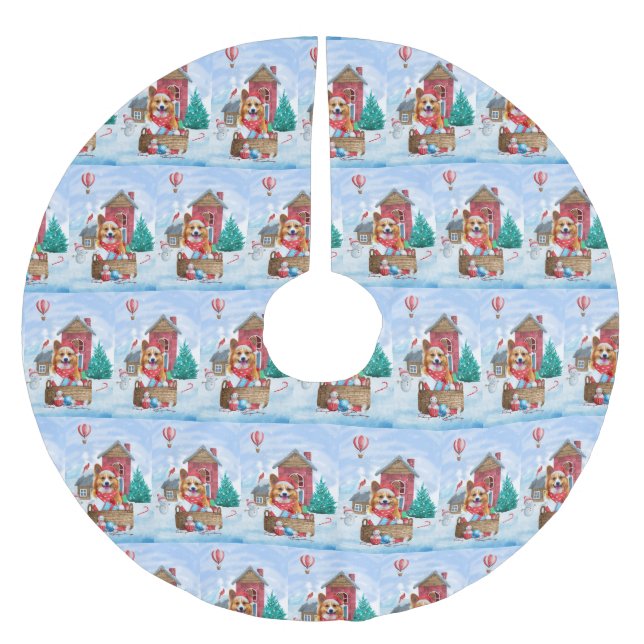 Corgi Dog In snow Christmas Dog House  Brushed Polyester Tree Skirt (Front)