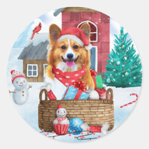 Corgi Dog In snow Christmas Dog House Classic Round Sticker