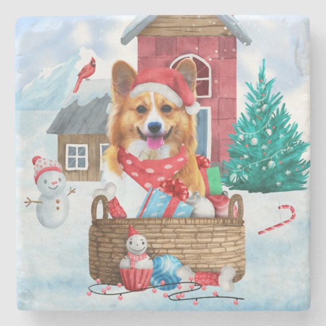 Corgi Dog In snow Christmas Dog House  Stone Coaster (Front)