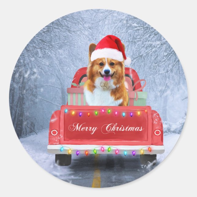 Corgi Dog in Snow sitting in Christmas Truck  Classic Round Sticker (Front)