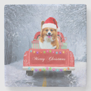 Corgi Dog in Snow sitting in Christmas Truck  Stone Coaster