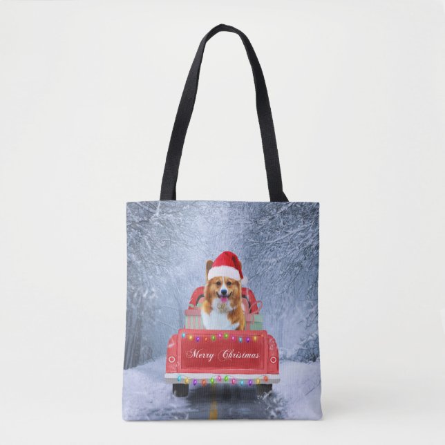 Corgi Dog in Snow sitting in Christmas Truck Tote Bag (Front)