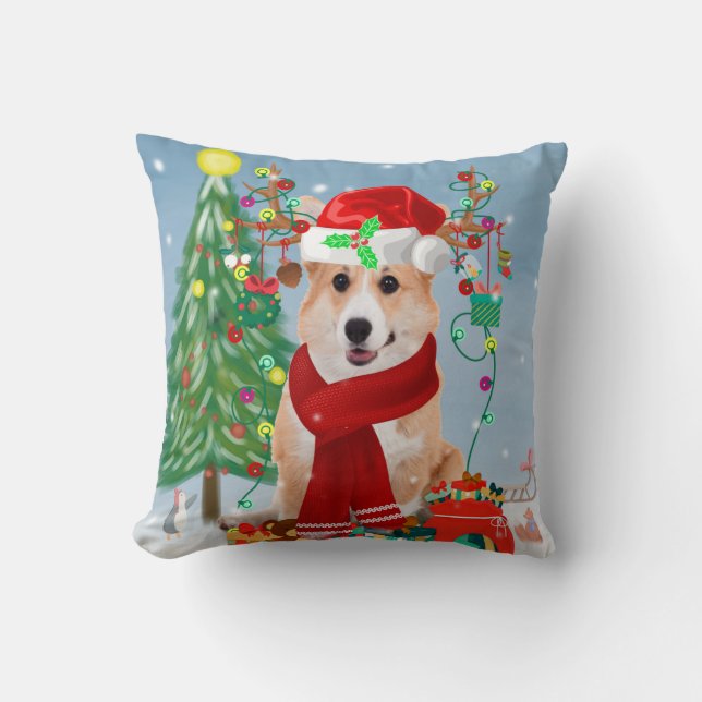 Corgi Dog in Snow with Christmas Gifts  Cushion (Front)