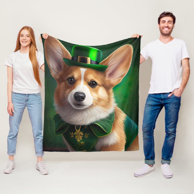 Corgi Dog in St. Patrick's Day Dress Fleece Blanket (In Situ)