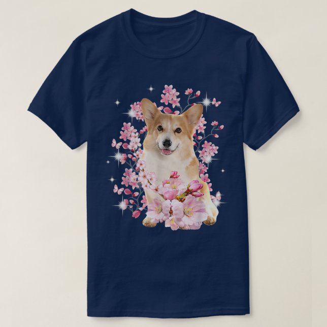Corgi Dog Japanese Cherry Blossom Sakura Flower  T-Shirt (Design Front)