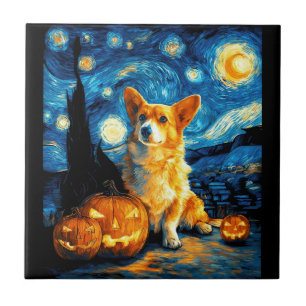 Corgi Dog Lovers Painting of van gogh starry night Ceramic Tile