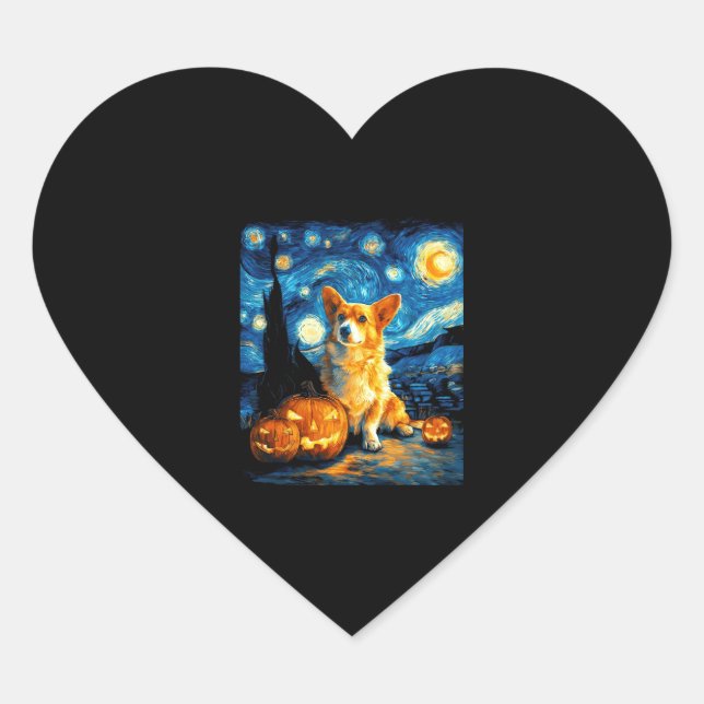 Corgi Dog Lovers Painting of van gogh starry night Heart Sticker (Front)