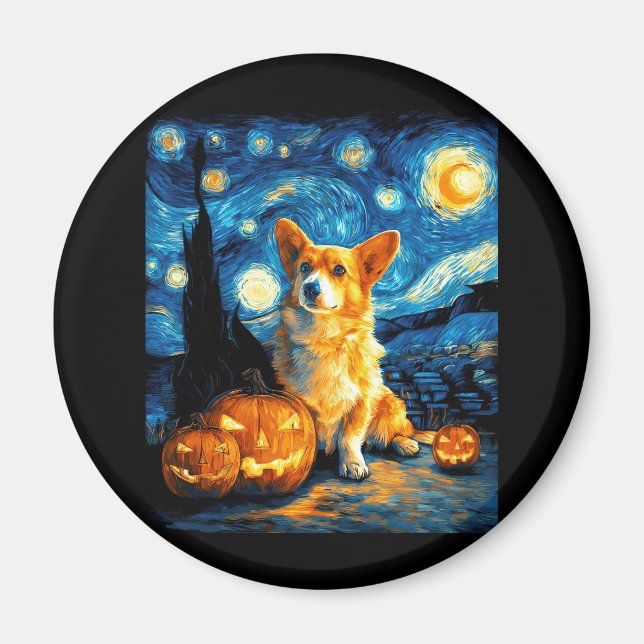Corgi Dog Lovers Painting of van gogh starry night Magnet (Front)