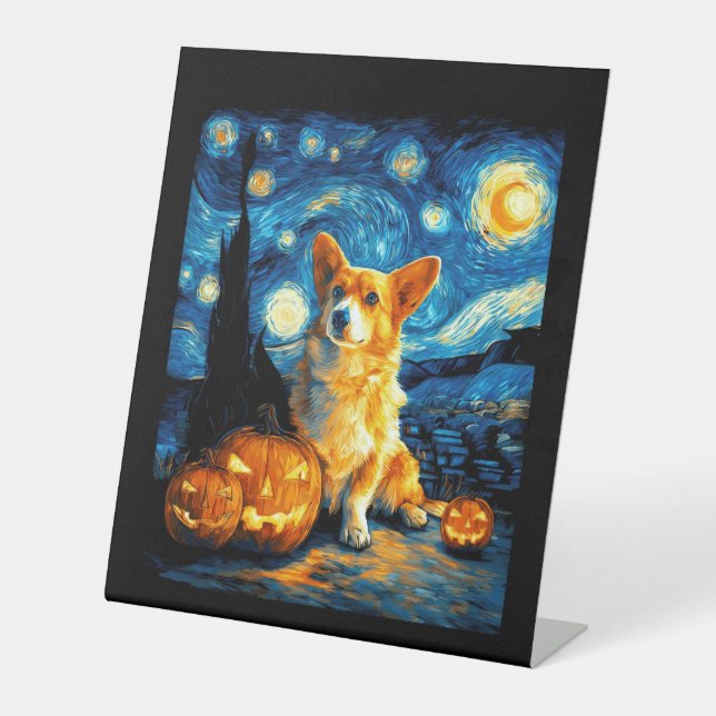 Corgi Dog Lovers Painting of van gogh starry night Pedestal Sign (Front)