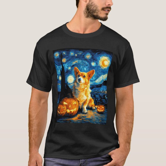 Corgi Dog Lovers Painting of van gogh starry night T-Shirt (Front)