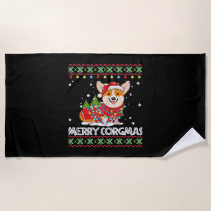 Corgi Dog Merry Corgmas Santa Corgi Ugly Christmas Beach Towel