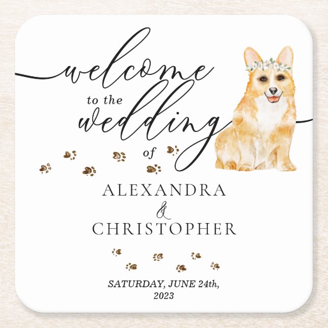 Corgi Dog Mum Welcome to the wedding Square Paper Coaster (Front)