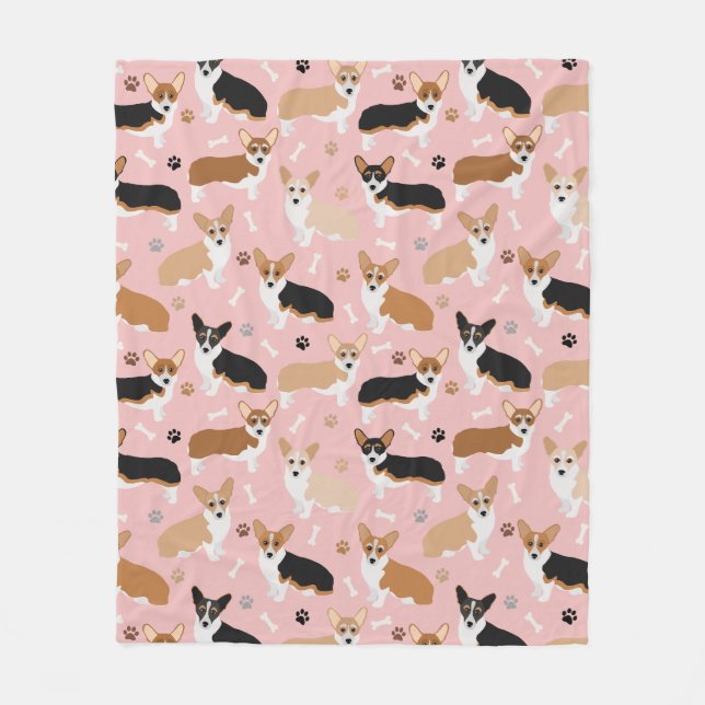 Corgi Dog Paws and Bones Fleece Blanket (Front)