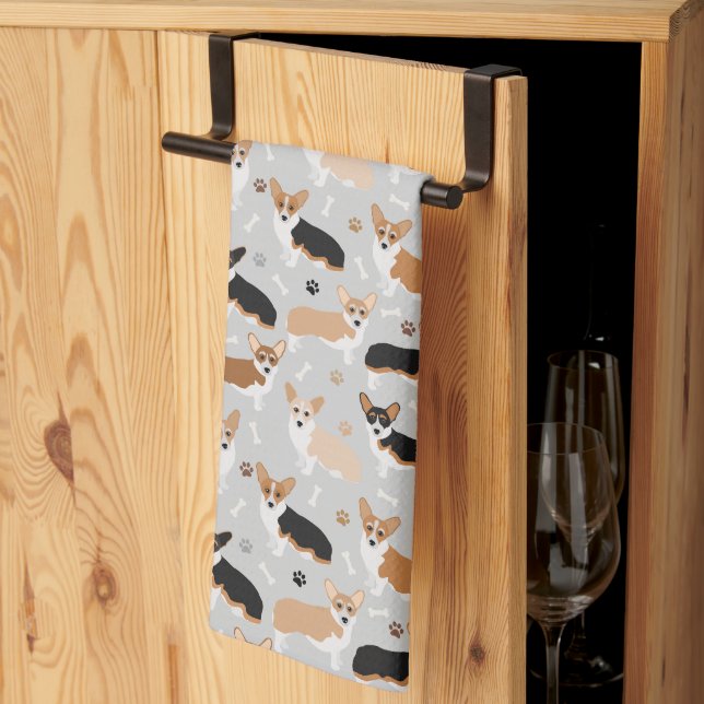 Corgi Dog Paws and Bones Kitchen Towel (Thirds Fold)