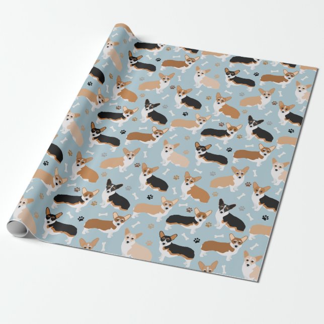 Corgi Dog Paws and Bones Wrapping Paper (Unrolled)