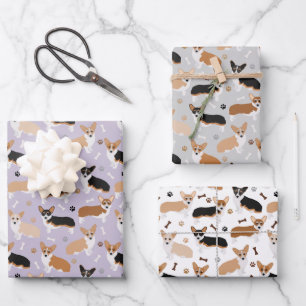 Corgi Dog Paws and Bones Wrapping Paper Sheets