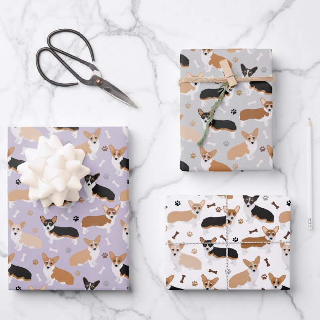 Corgi Dog Paws and Bones Wrapping Paper Sheets (Front)