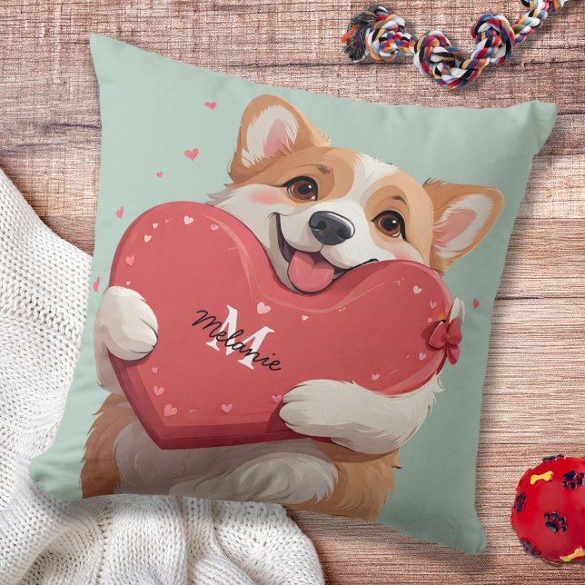 Corgi Dog Pun & Red Hearts Monogram Valentines Cushion (Corgi Dog Pun & Red Hearts Monogram Valentines Throw Pillow 2)