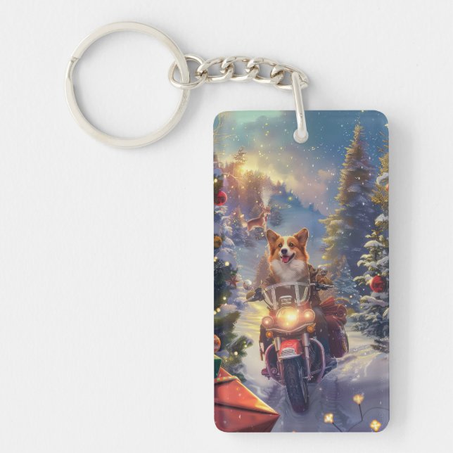 Corgi Dog Riding Motorcycle Christmas Key Ring (Front)