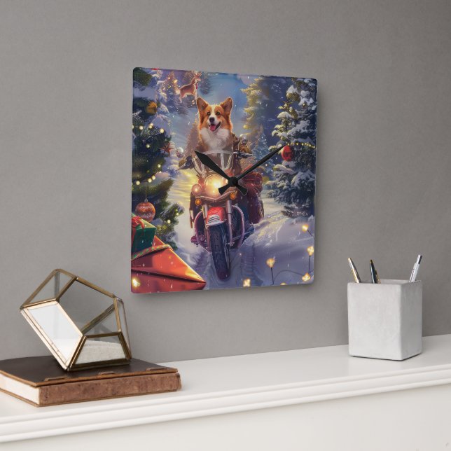 Corgi Dog Riding Motorcycle Christmas Square Wall Clock (Office)