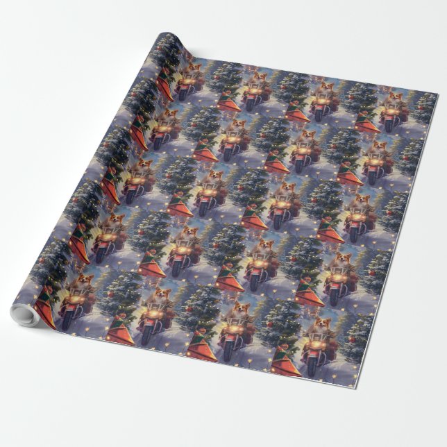 Corgi Dog Riding Motorcycle Christmas Wrapping Paper (Unrolled)