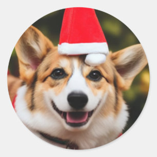 Corgi dog smiling christmas fun classic round sticker