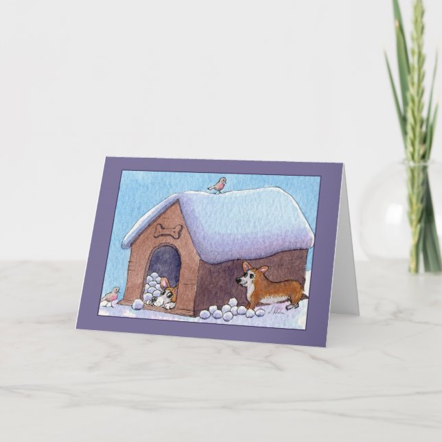 Corgi Dog Snowball Surprise! Blank Card (Front)