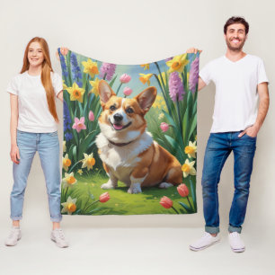 Corgi Dog Spring Flowers Painting  Fleece Blanket