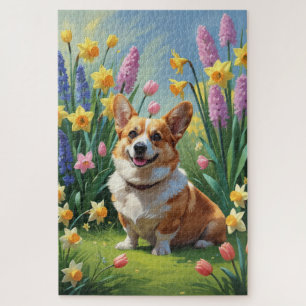Corgi Dog Spring Flowers Painting  Jigsaw Puzzle