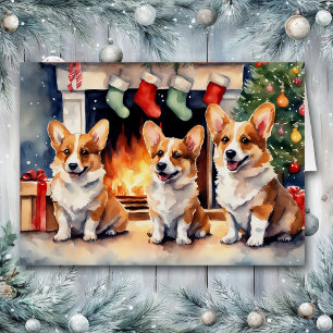 Corgi Dog Trio By the Christmas Fireplace