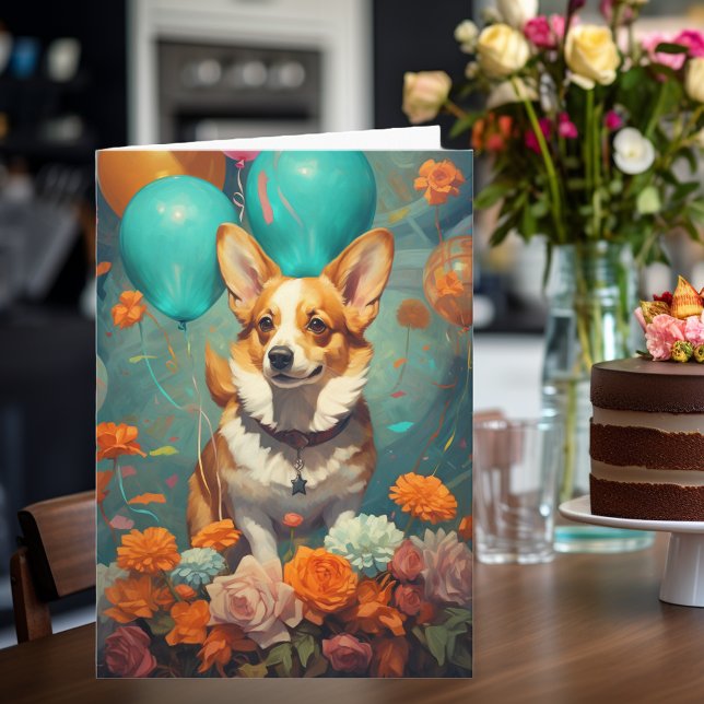 Corgi Dog With Balloons Birthday  Card (Creator Uploaded)