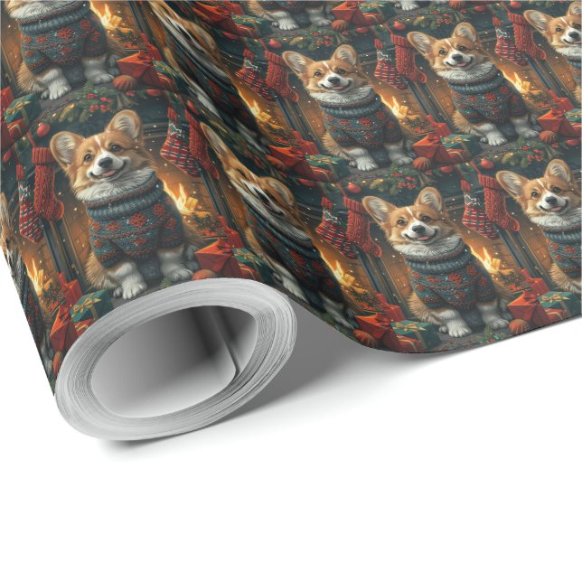 Corgi Dog With Christmas Gifts Fireplace Wrapping Paper (Roll Corner)