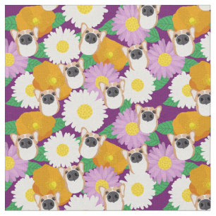 Corgi Dog with Flowers Purple Patterned Fabric