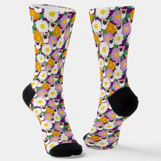 Corgi Dog with Flowers Purple Patterned Socks (Angled)