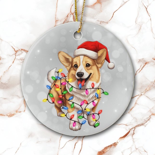 Corgi Dog Wrapped in Christmas Lights Ceramic Ornament (Creator Uploaded)