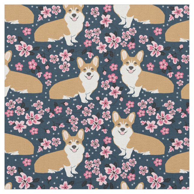 corgi dogs cherry blossoms navy fabric (Close Up)
