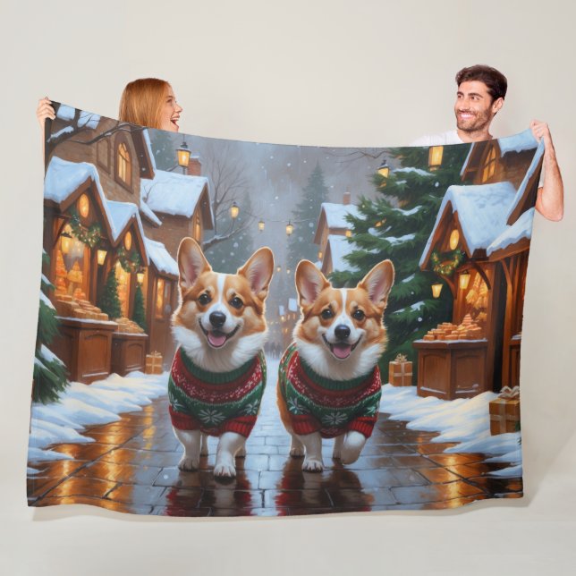 Corgi Dogs Christmas Snow Holiday Fleece Blanket (In Situ)